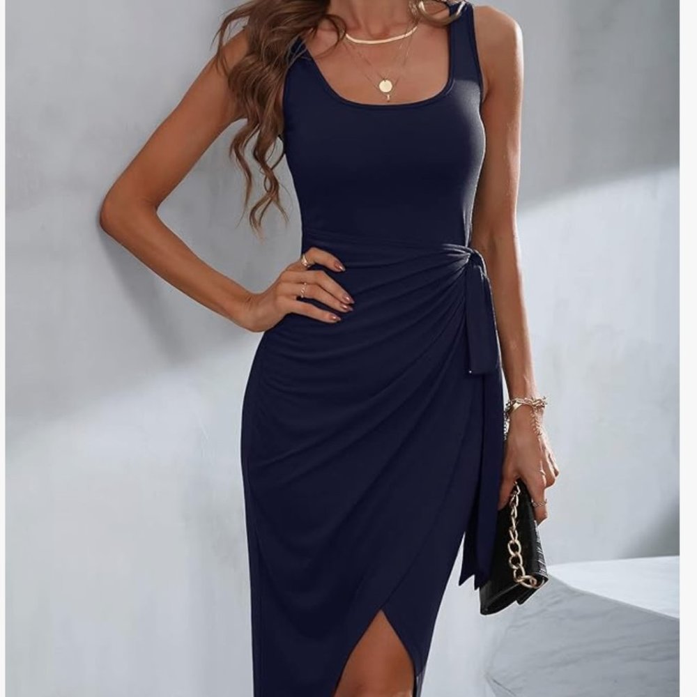 Shein Women's Wrap Tie Side Scoop Neck Bodycon Midi Dress